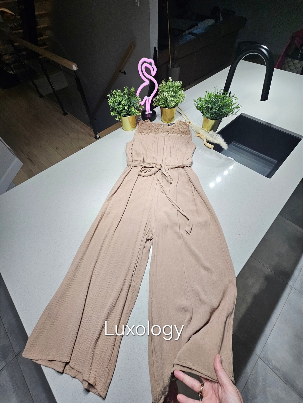 Luxology Taupe Wide-Leg Jumpsuit with Lace Yoke